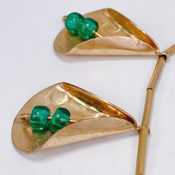 VTG Mid Century Modernist Gold Tone Necklace Green Glass Beads Sculptural Artful - Picture 11 of 12